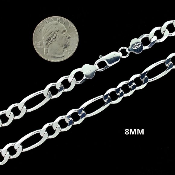 Real 925 SOLID Sterling Silver 8mm Figaro Link Chain Necklace 16" inch - Picture 2 of 6